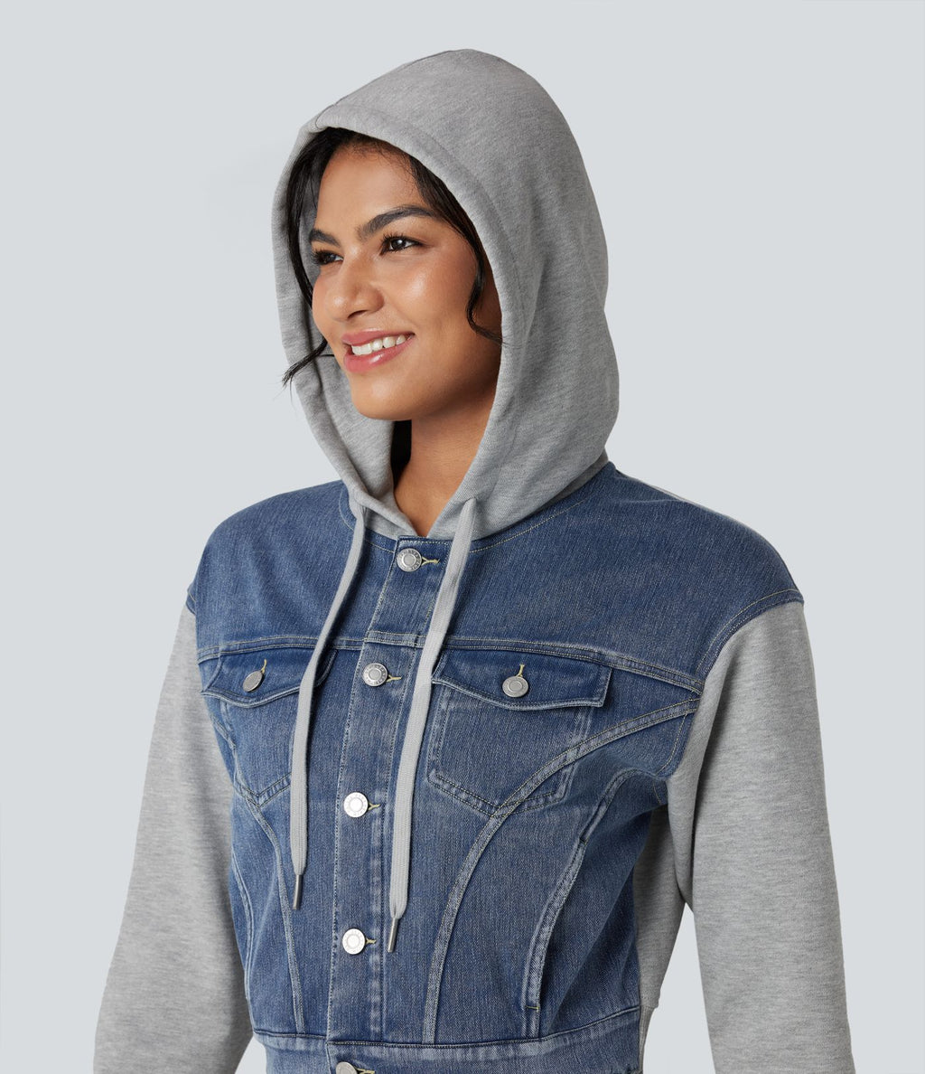 Veste en jean patchwork à capuche avec cordon de serrage et manches longues Halara Flex™