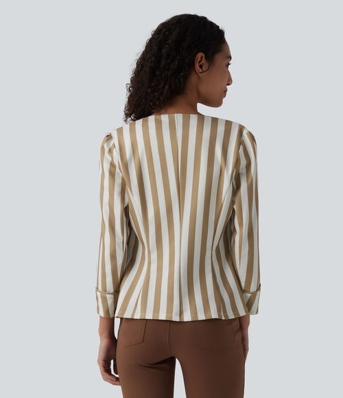 Blazer tailleur ajusté col rond manches 3/4 boutons décoratifs rayé color block
