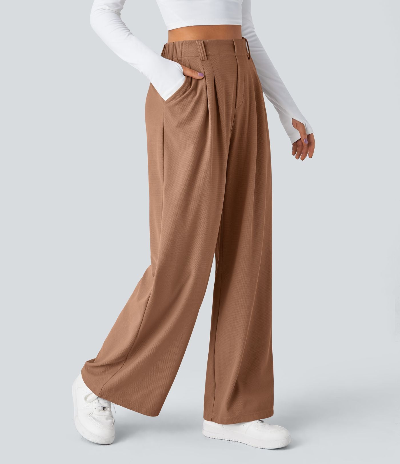 Pantalon Tailleur Large Fluide Halara Flex™ Gaufré Taille Haute Poches Latérales