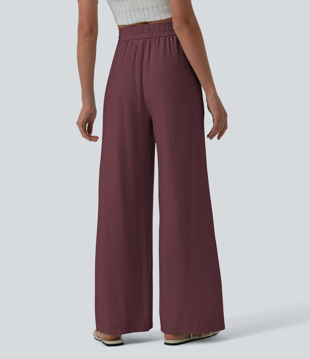 Pantalon casual large mélange lin taille haute avec cordon de serrage et poches