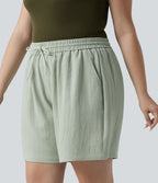 Short casual aspect lin grande taille taille haute avec cordon de serrage et poches