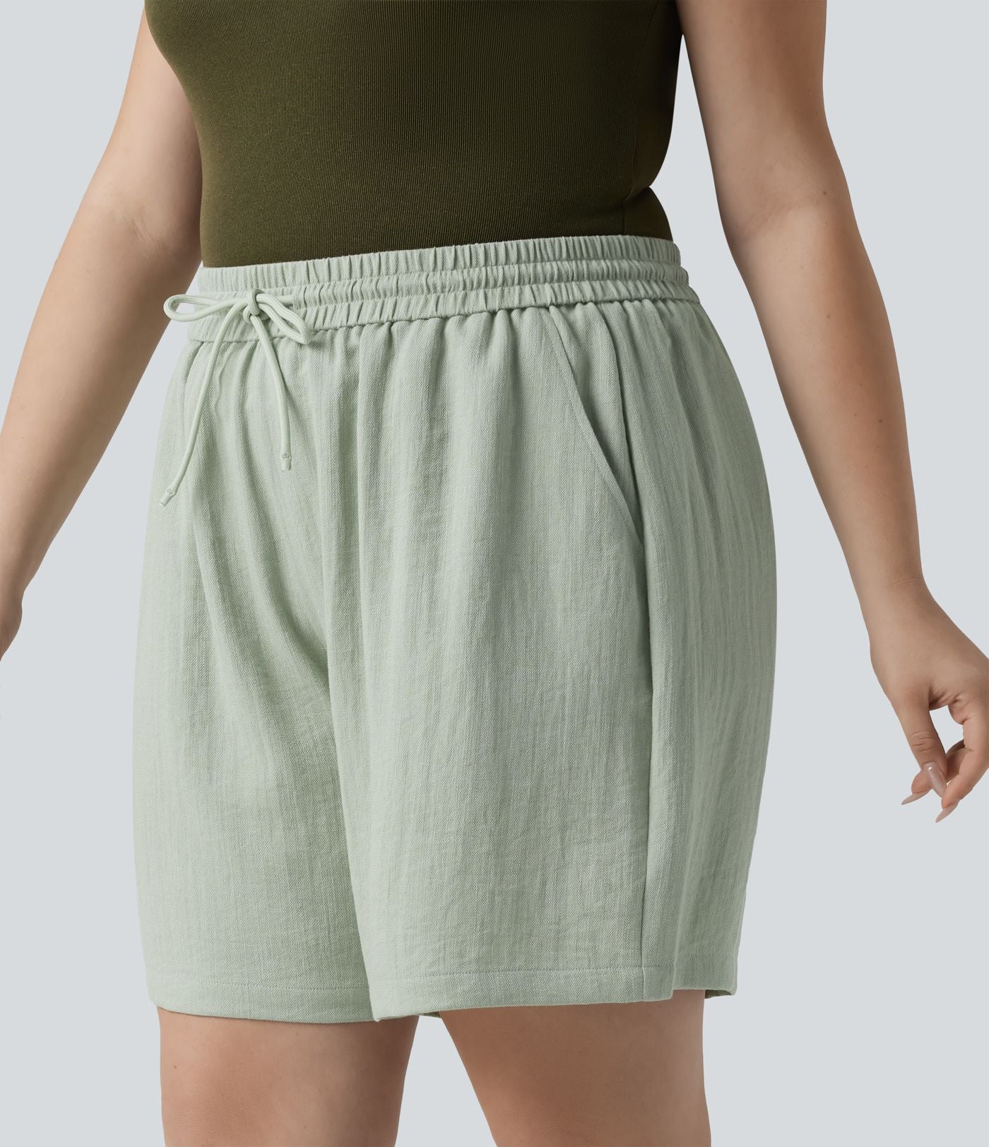 Short casual aspect lin grande taille taille haute avec cordon de serrage et poches