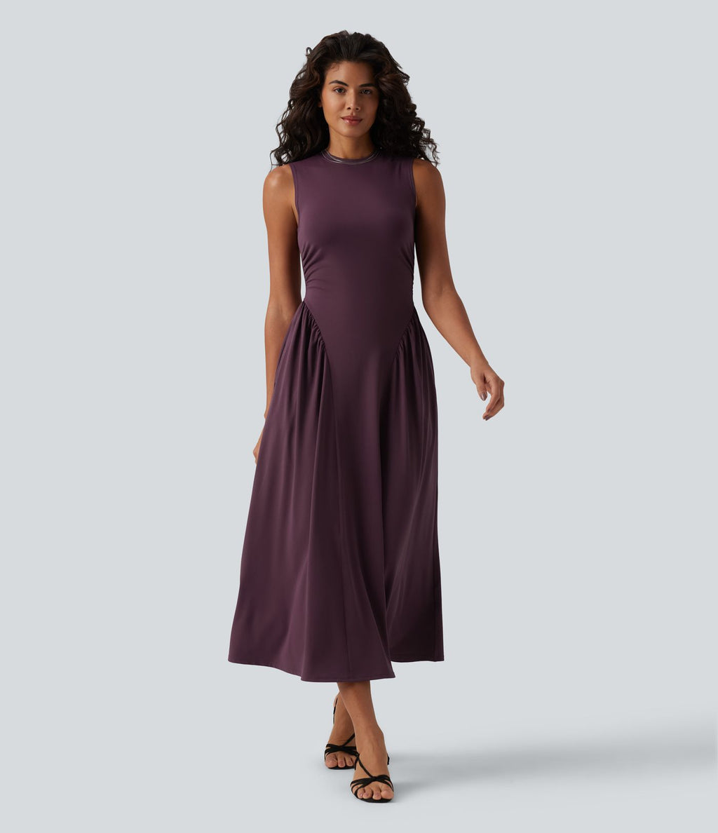 Robe midi casual fluide sans manches à col rond avec poches
