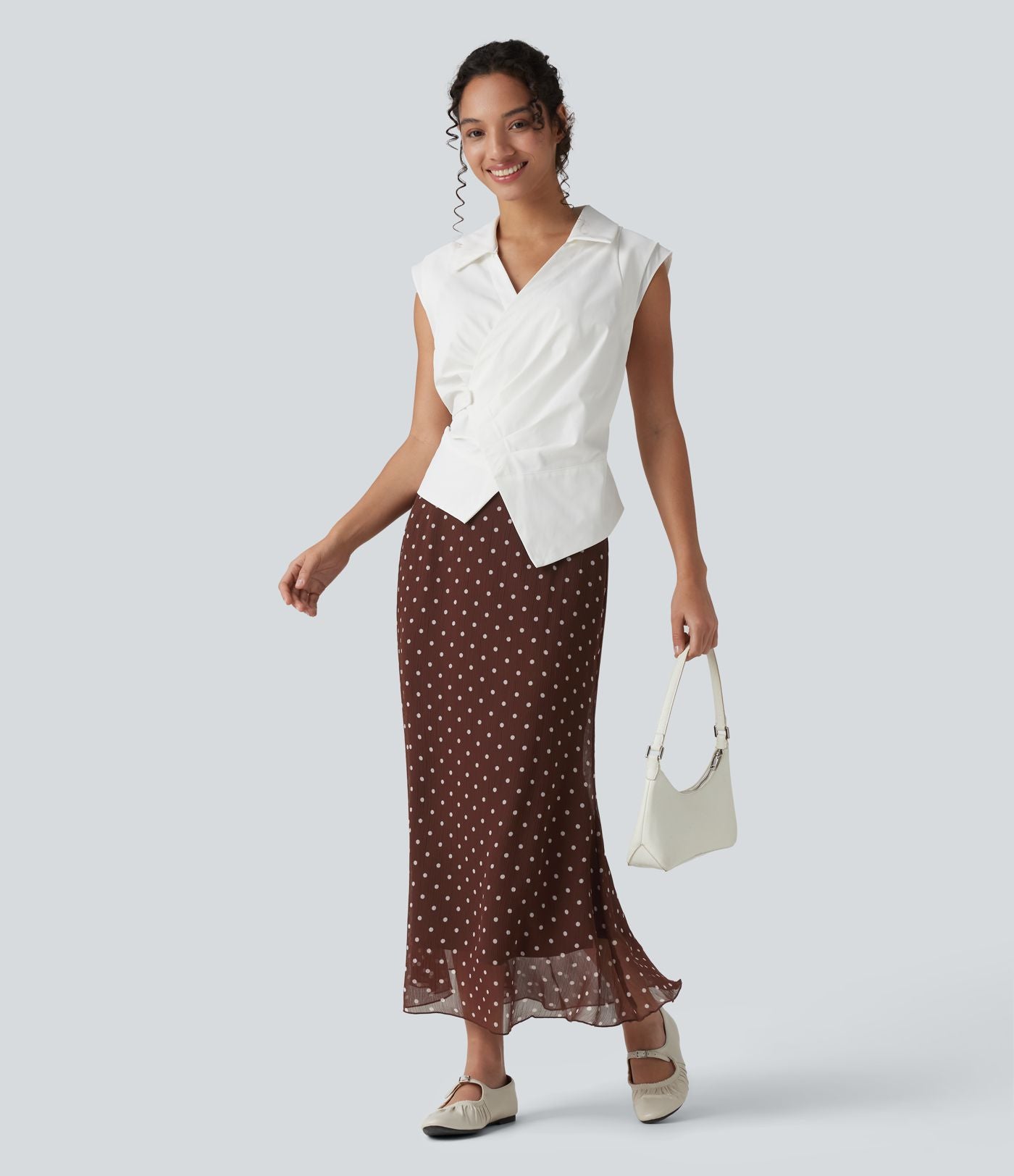 Jupe midi fluide sirène taille haute à pois