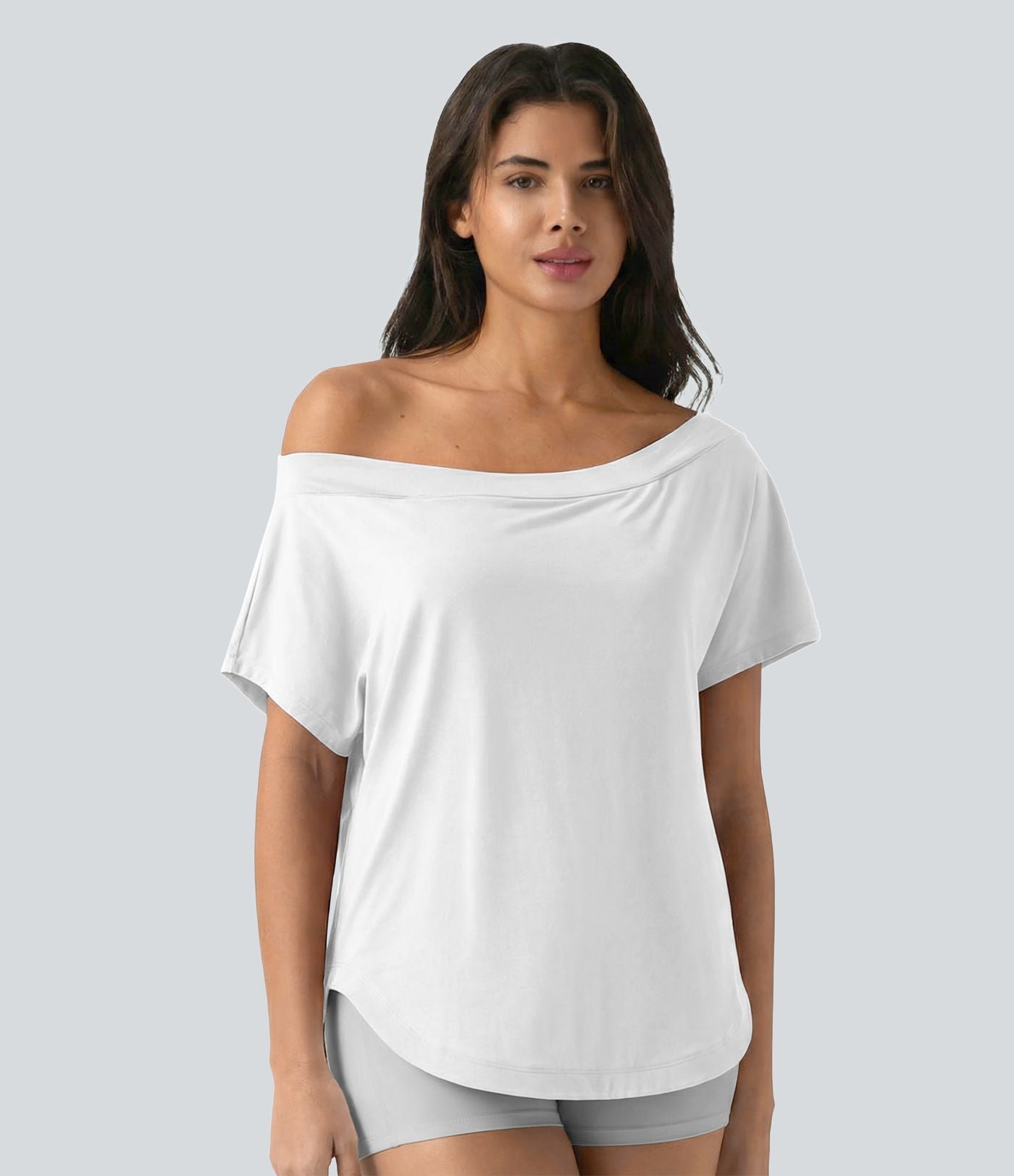 Top de sport yoga asymétrique à épaule dénudée manches courtes ourlet arrondi et coupe asymétrique à séchage rapide – Soutien-gorge intégré
