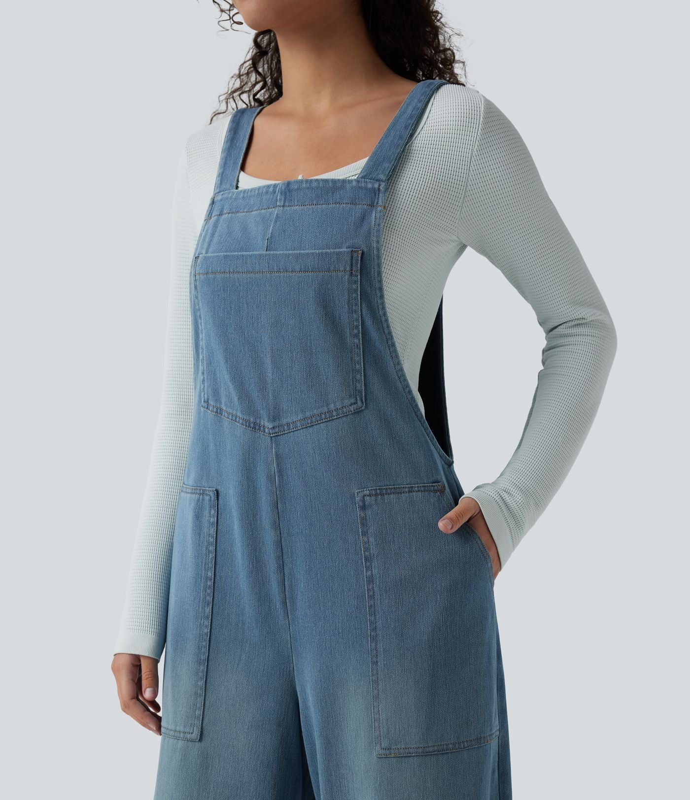 Salopette denim Halara Flex™ col carré effet délavé avec poches
