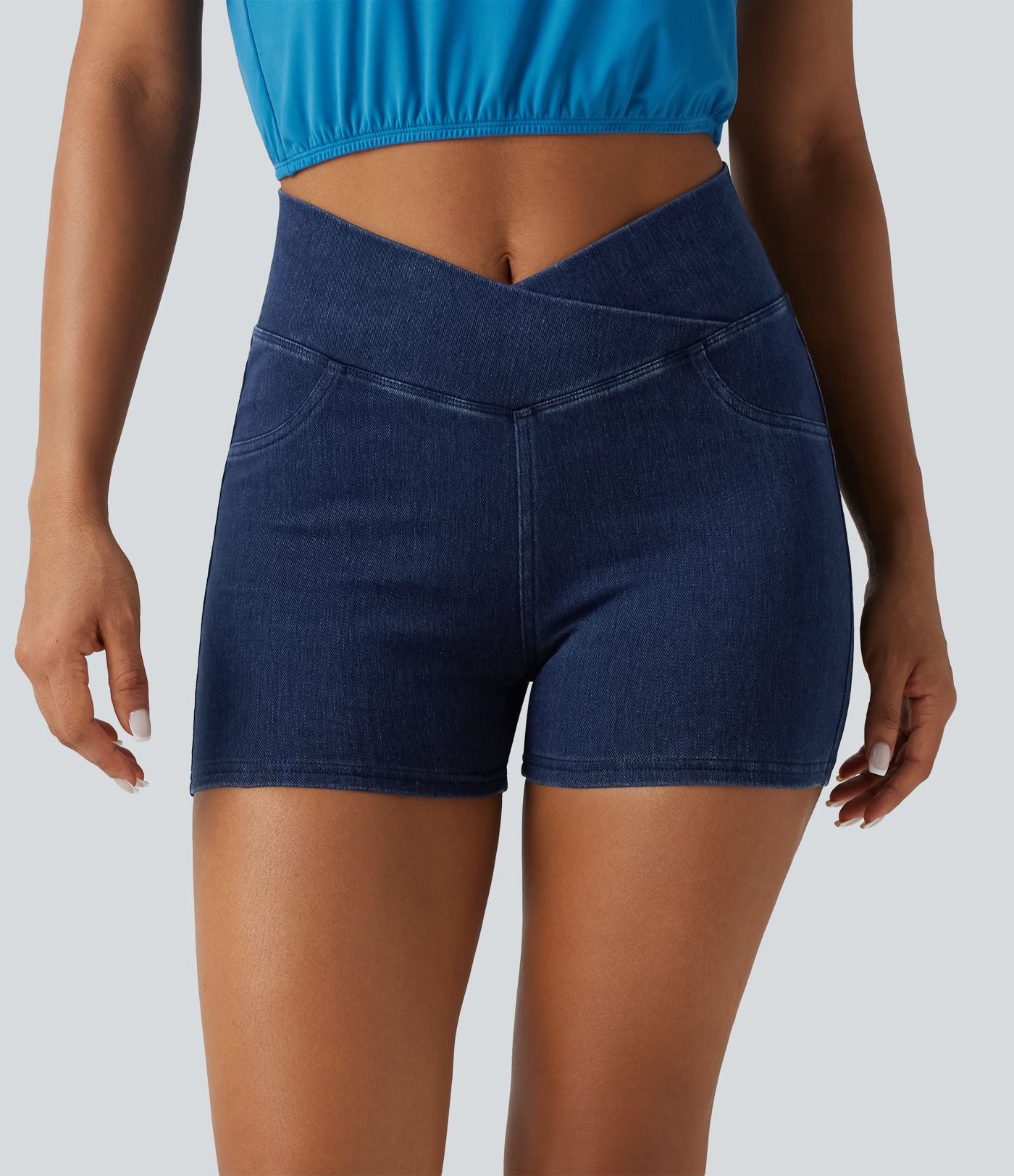 Halara Flex™  Shorts 7,5cm Denim Casual Taille Haute Poches Latérales Croisées en Maille Extensible