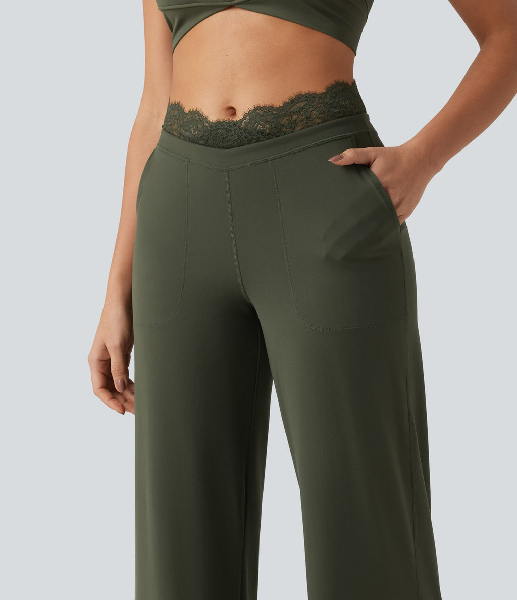 Pantalon de yoga Halara UltraSculpt™ droit taille haute gainant avec dentelle contrastée et poches