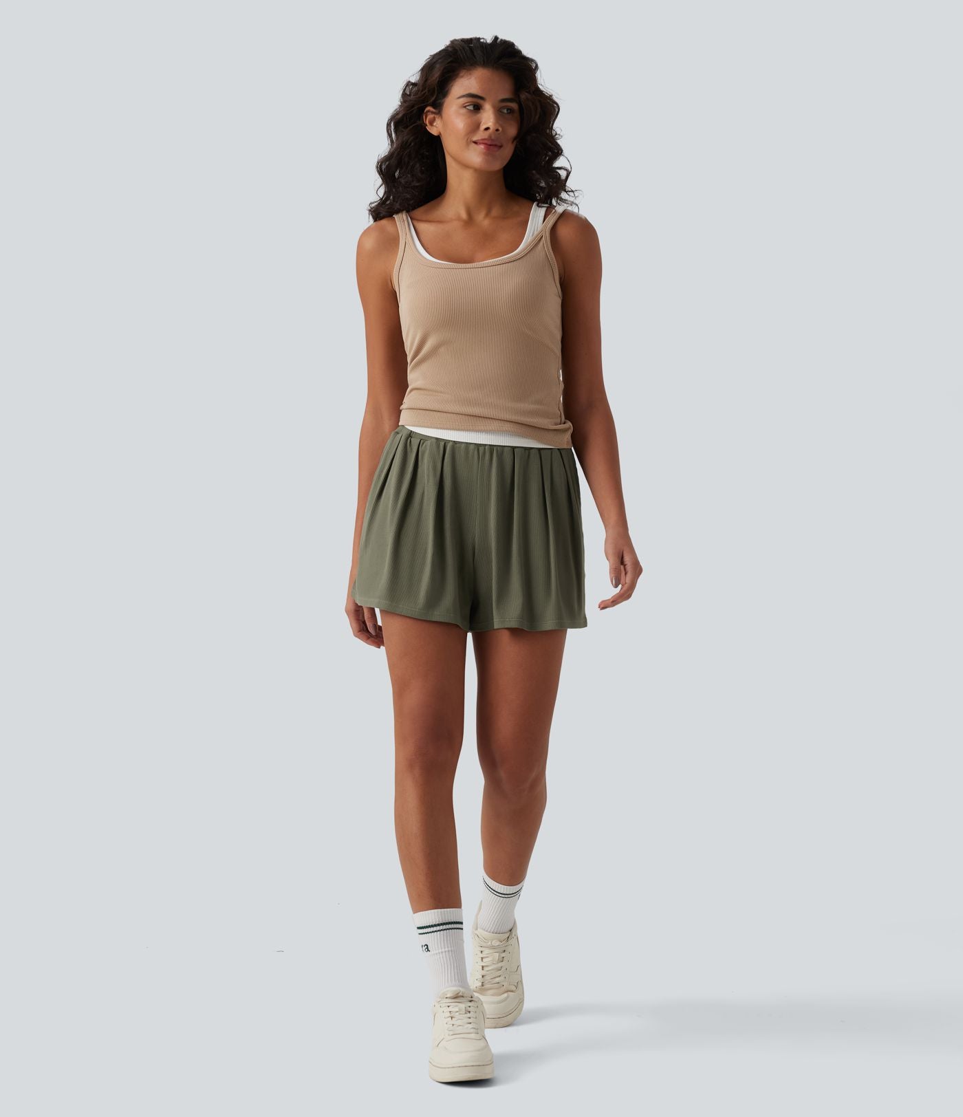 Short tailleur casual ample taille mi-haute côtelé maille avec poches