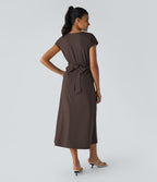 Breezeful™ Robe Mi-Longue Col en V Manches Courtes Poche Latérale Nouée au Dos Séchage Rapide