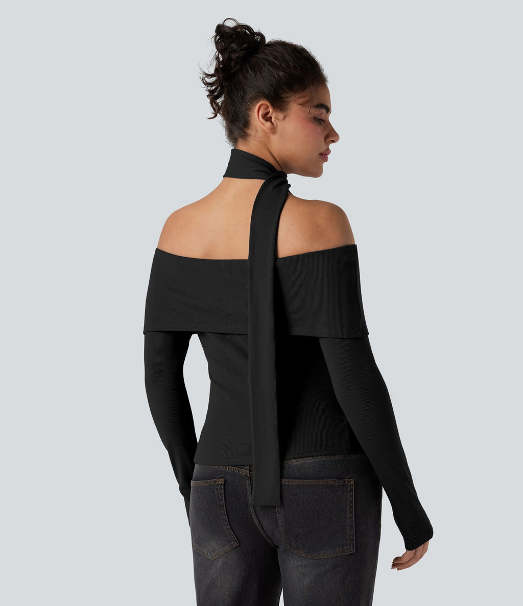 Top côtelé épaules dénudées manches longues avec brassière intégrée et foulard