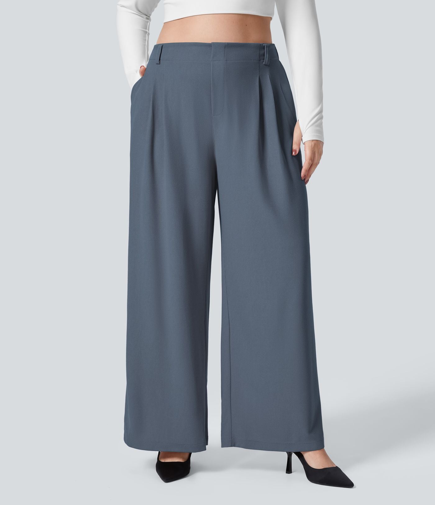 Halara Flex™ Pantalon tailleur Grande taille à Taille Haute, Poches Latérales Plissées, Jambes Larges, en Tissu Gaufré