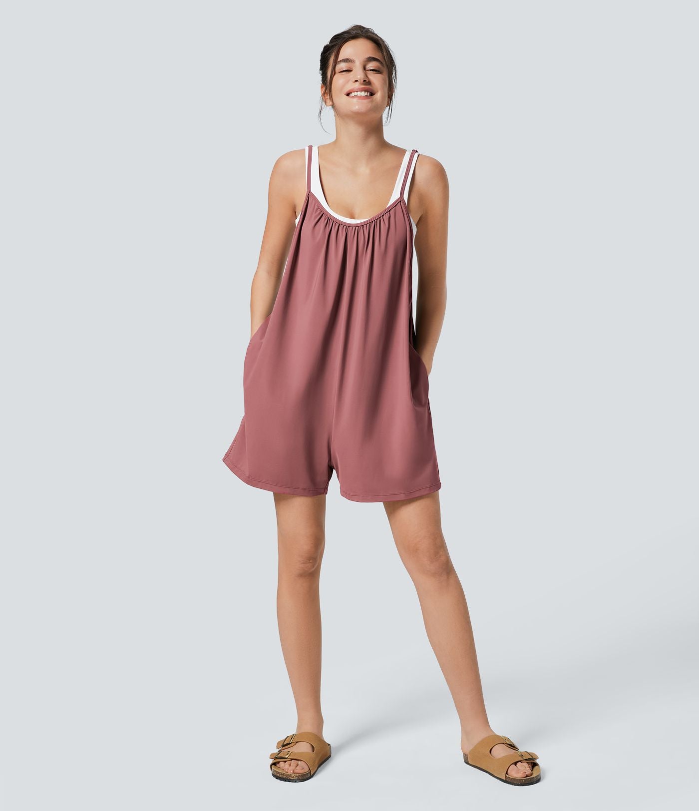 Combinaison Large Casual à Jambes Larges Solide avec Fines Bretelles Réglables Poches Latérales Plissées