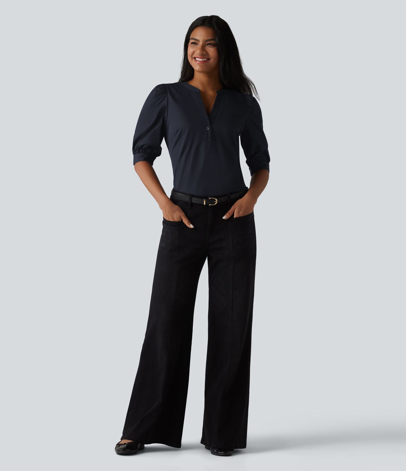 Blouse décontractée col Henley manches bouffantes mi-longues