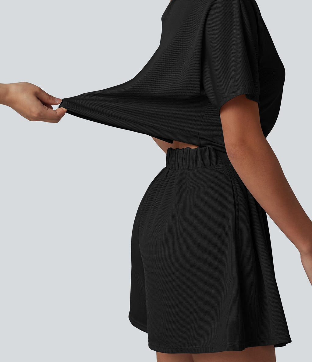 Combishort casual asymétrique manches courtes plissé en nid d'abeille avec poches - Édition Easy Peasy