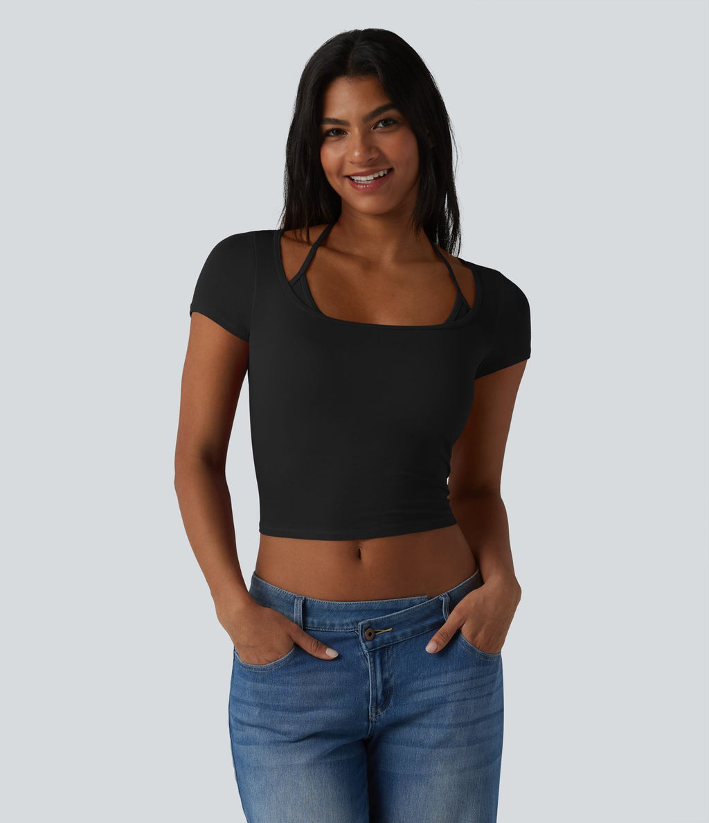 T-shirt crop décontracté côtelé dos nu à nouer avec soutien-gorge intégré manches courtes