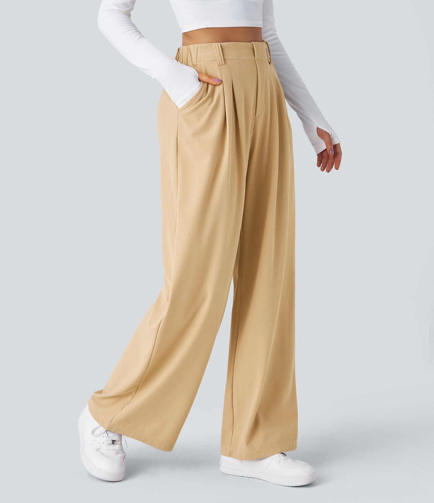 Pantalon Tailleur Large Fluide Halara Flex™ Gaufré Taille Haute Poches Latérales
