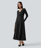 Robe mi-longue deux pièces à manches longues effet cache-cœur avec nœud au dos et poches