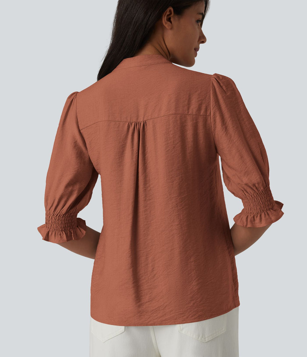 Blouse décontractée à col en V et manches courtes bouffantes