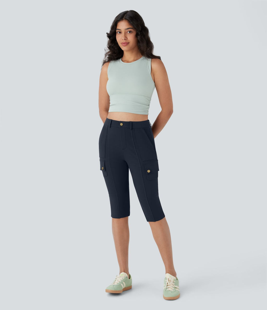Pantalon cargo pedal pusher ajusté uni taille haute DayStretch avec poches zippées