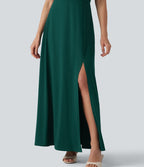 Robe longue fluide de demoiselle d'honneur et d'invitée de mariage, fendue, à manches à volants et col V profond, avec soutien-gorge intégré et poches