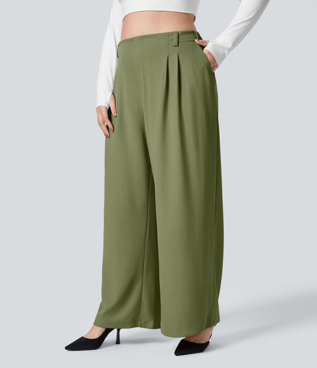 Halara Flex™ Pantalon tailleur Grande taille à Taille Haute, Poches Latérales Plissées, Jambes Larges, en Tissu Gaufré