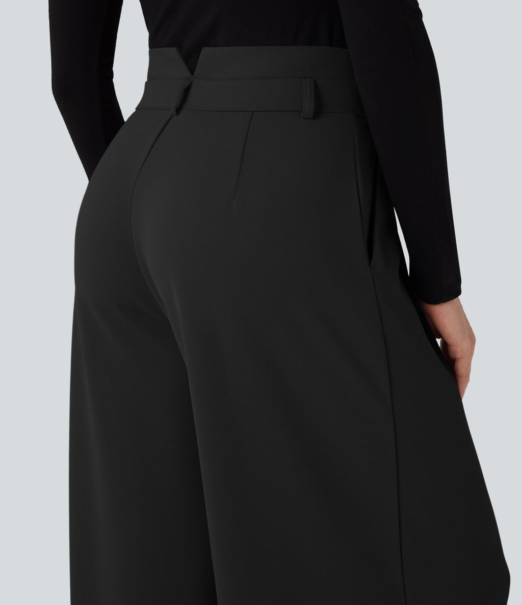 Pantalon de travail en crêpe à taille haute et jambes larges avec double ceinture et poches Halara Flex™