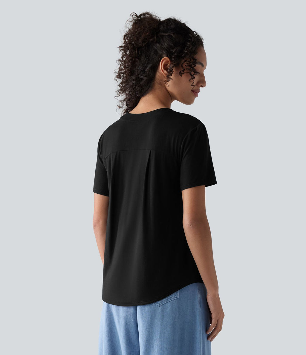 T-shirt décontracté col V manches courtes ourlet arrondi