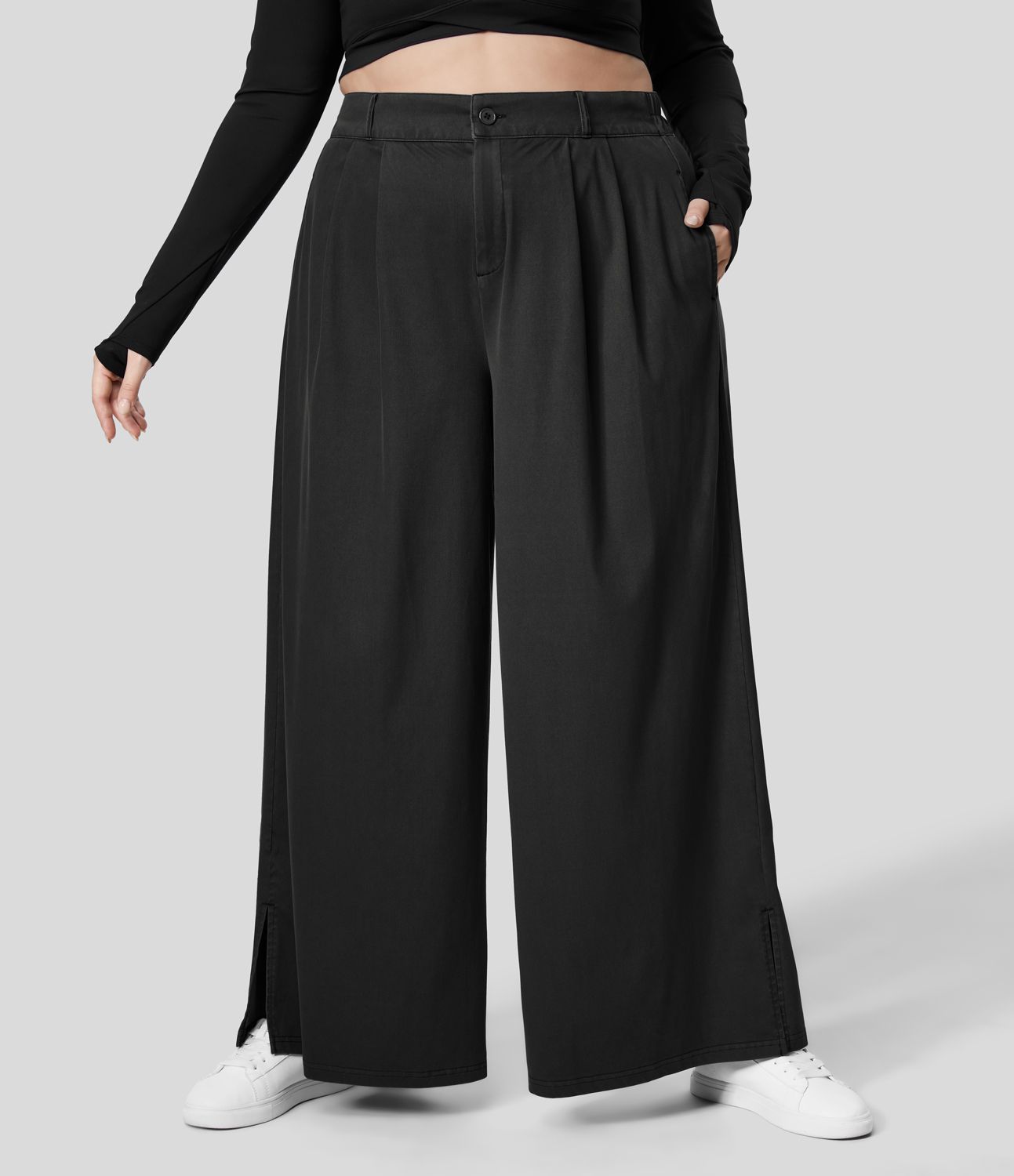 Pantalon Large Casual Taille Haute Boutonnés Fermeture Éclair Plissé Poches Latérales Ourlet Fendu Grande Taille
