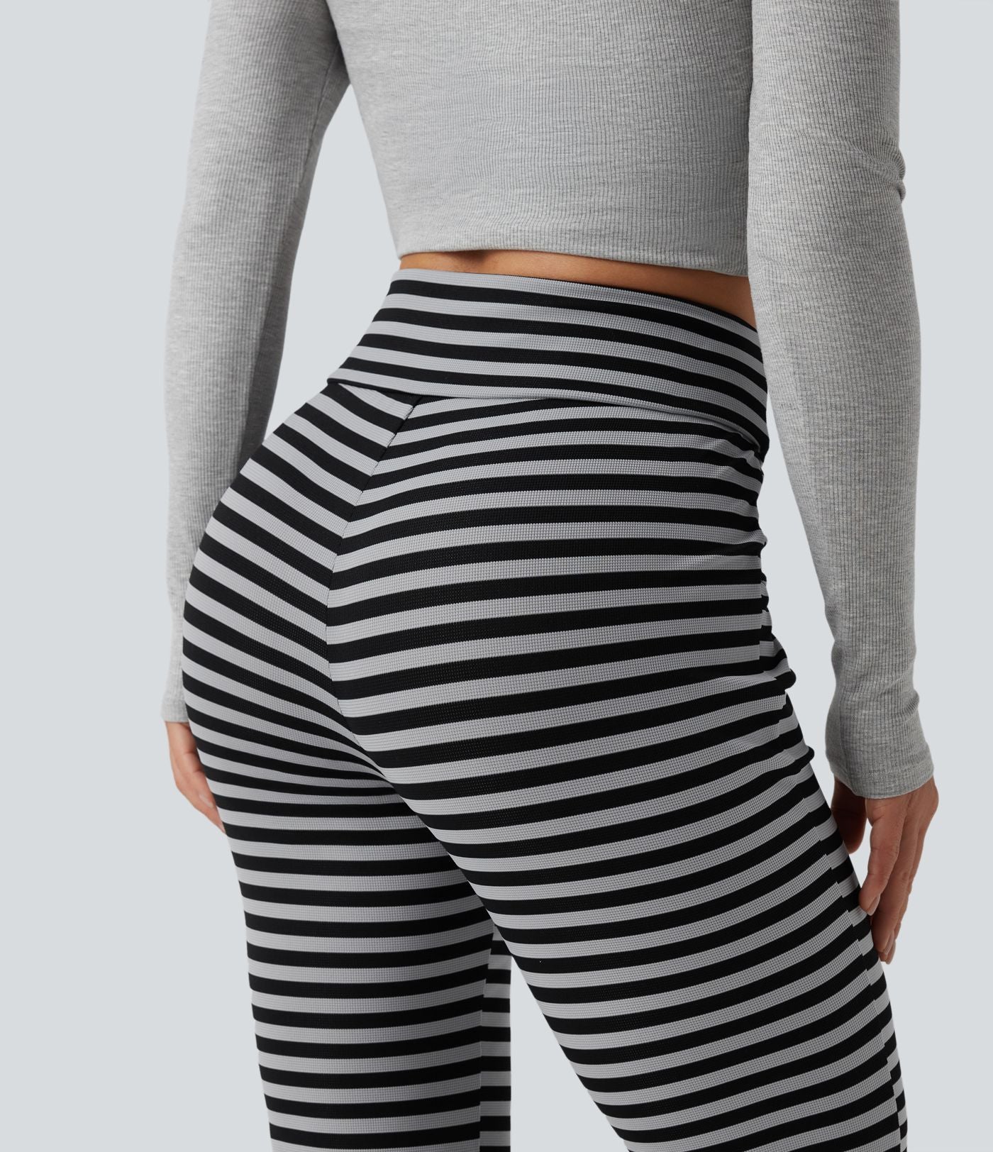 Pantalon évasé décontracté taille haute gainant à rayures en tissu gaufré avec cordon de serrage et poches