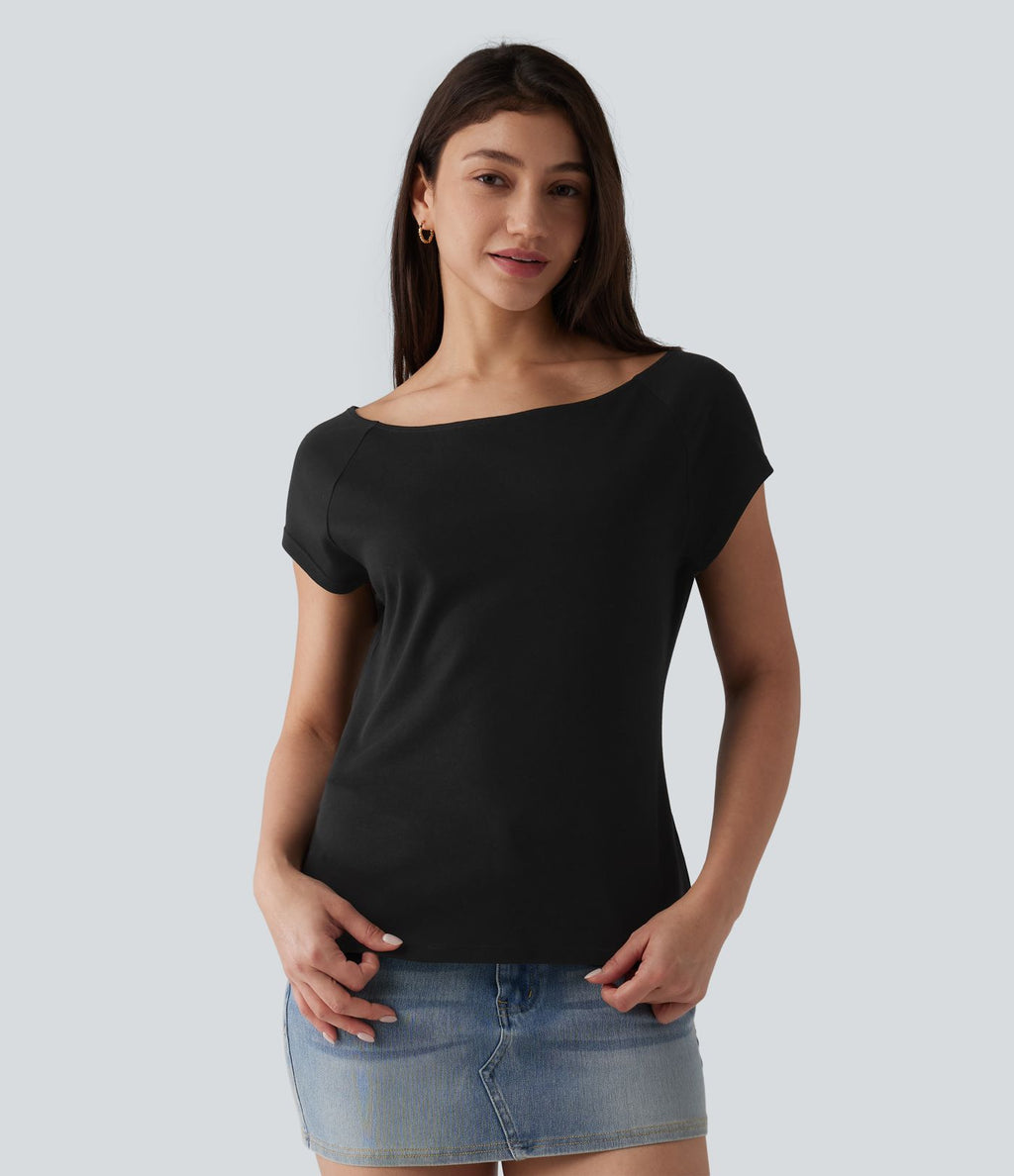 T-shirt décontracté col bateau manches courtes coton