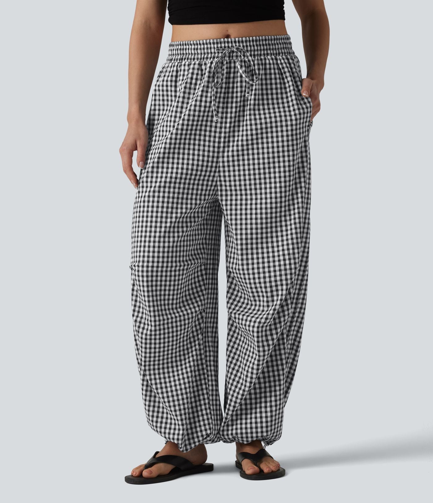 Pantalon ample décontracté à carreaux vichy, taille mi-haute, cordon de serrage et poches