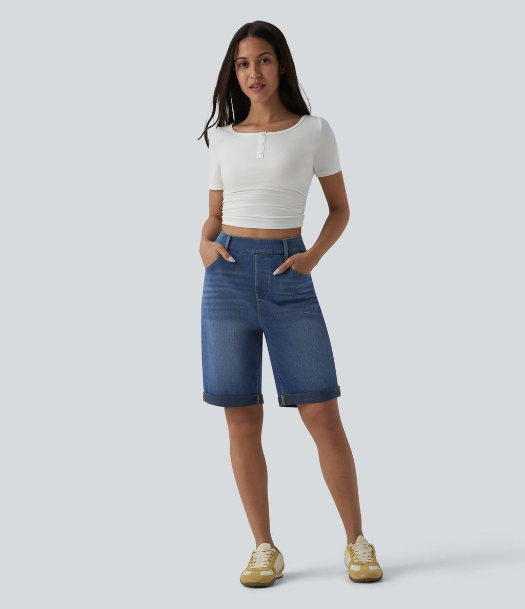 Short 7/8 tailleur Halara Flex™ denim casual ourlet roulotté taille haute avec poches