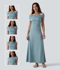 Robe casual maxi froncée à épaules dénudées avec lien noué dans le dos