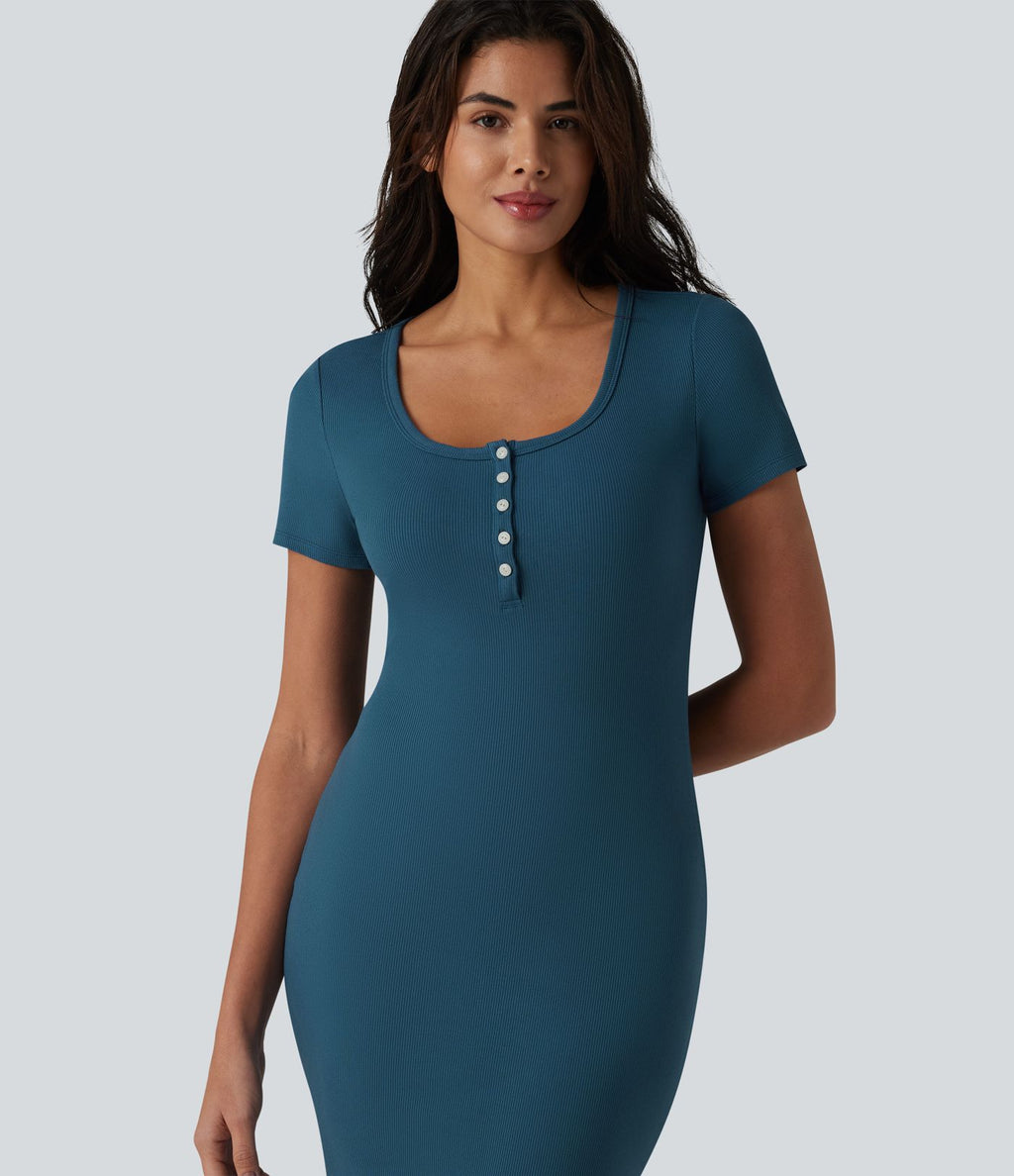Robe midi casual moulante en maille côtelée à manches courtes, col henley et bas sirène