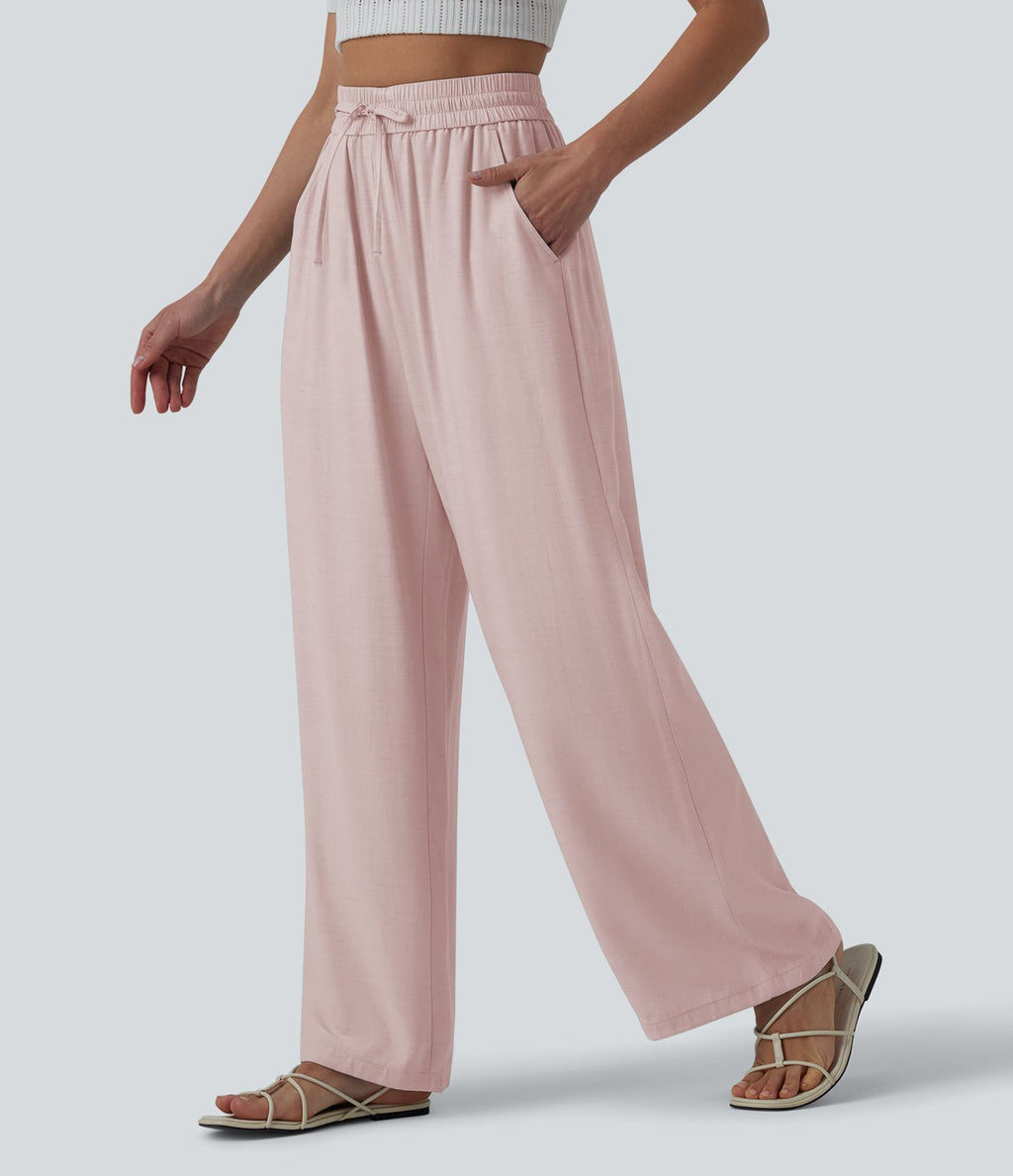 Pantalon casual large fluide mélange lin taille haute avec cordon de serrage et poches