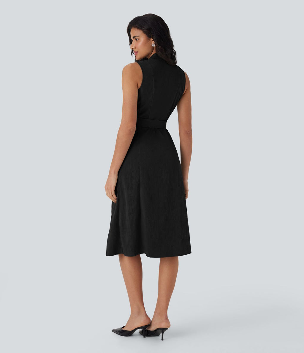 Robe de voyage mi-longue à col V, sans manches, portefeuille, ceinture et poches latérales