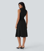 Robe de voyage mi-longue à col V, sans manches, portefeuille, ceinture et poches latérales