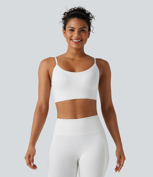 Brassière de yoga en maille côtelée, maintien léger avec coussinets amovibles