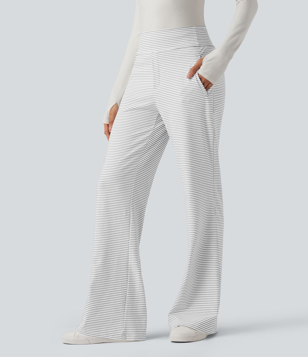 Pantalon de travail évasé taille mi-haute à rayures avec poches zippées