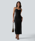Robe nuisette casual midi côtelée color block à décolleté cœur avec coussinets intégrés non amovibles