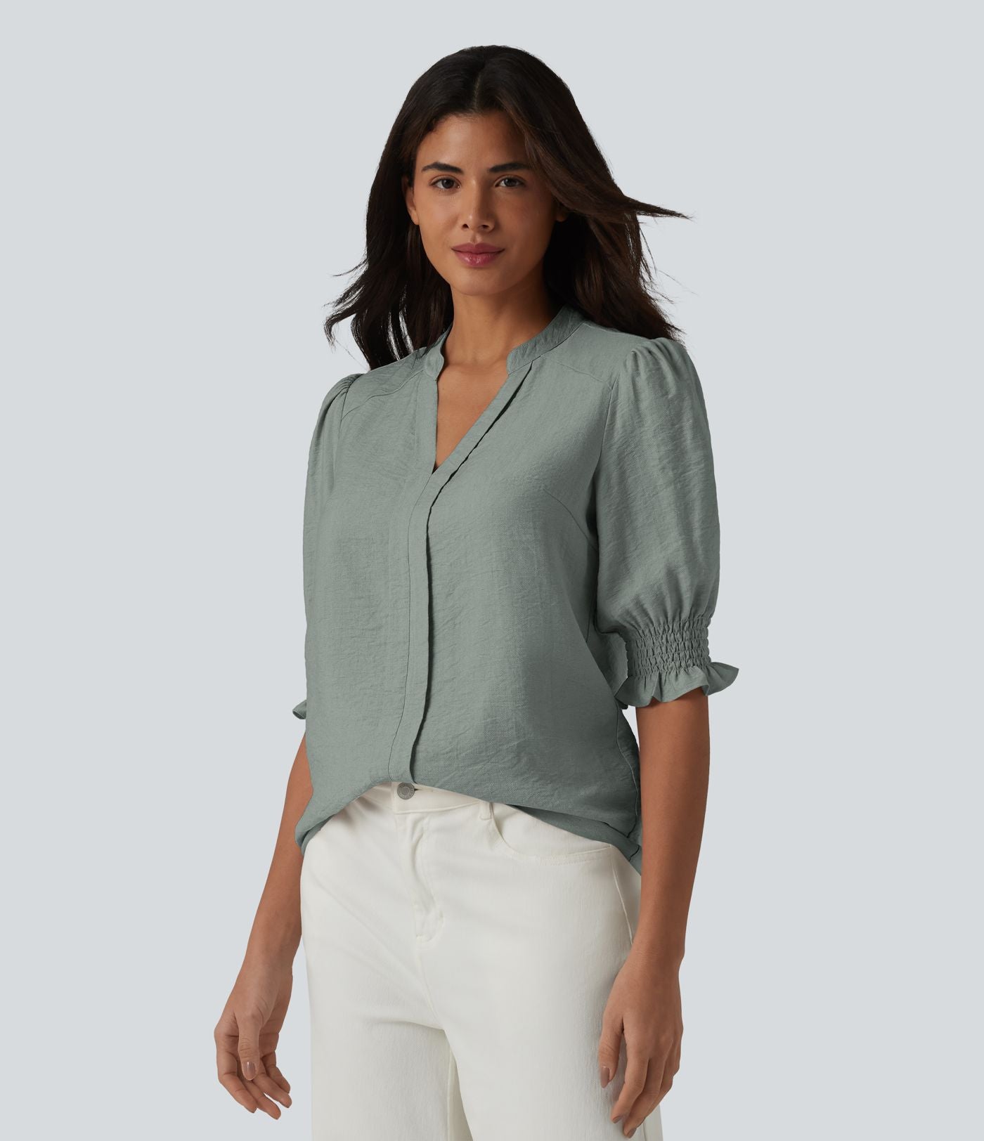 Blouse décontractée à col en V et manches courtes bouffantes