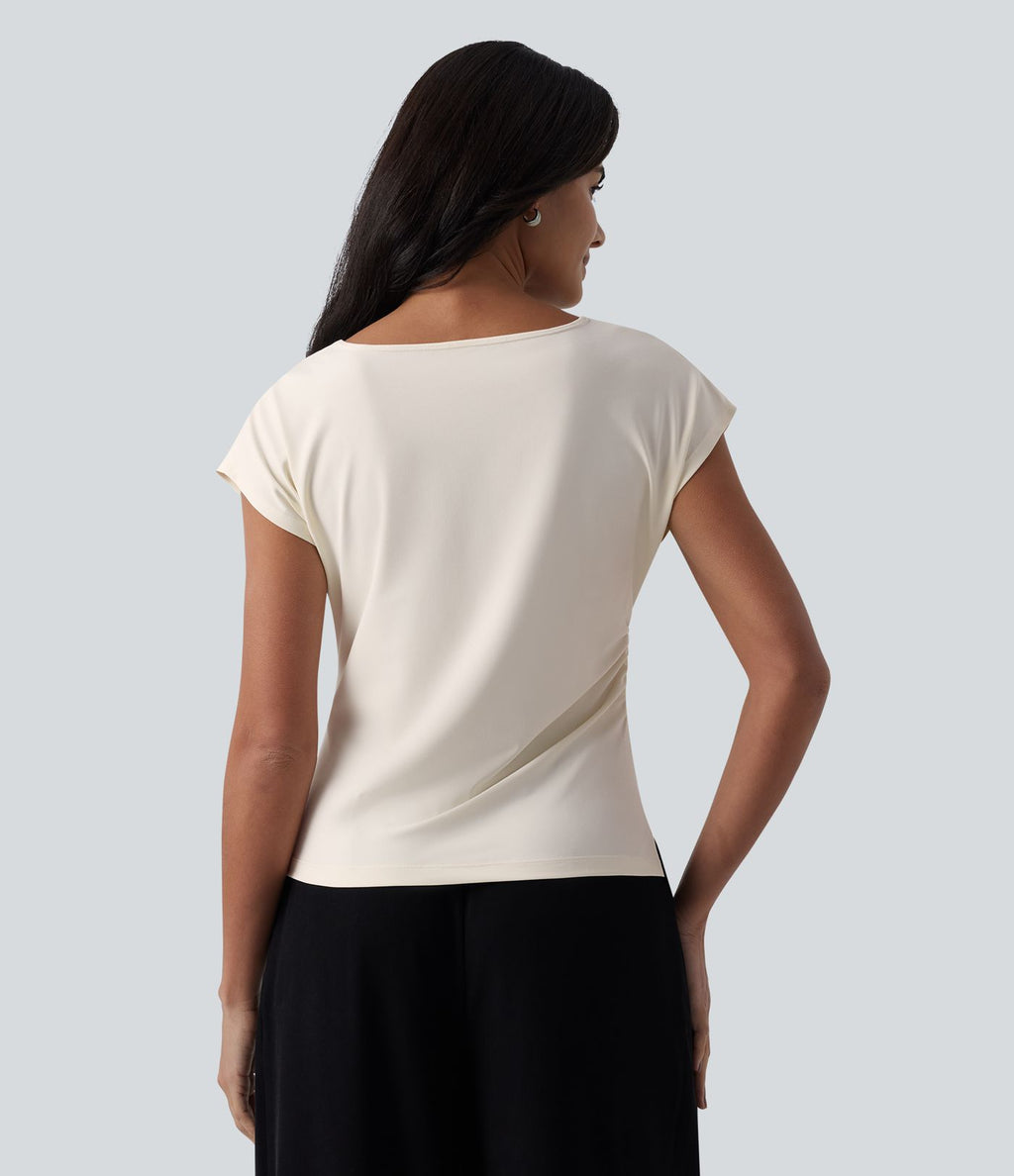 Blouse tailleur asymétrique col drapé manches courtes avec fronces et ourlet fendu