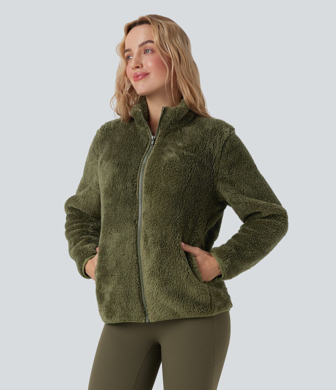Veste décontractée sherpa col montant manches longues avec poches