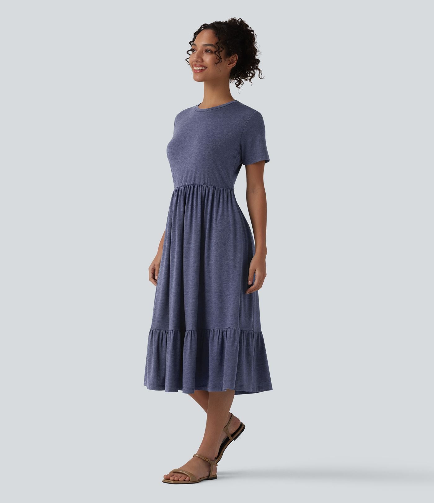 Robe midi casual chinée col rond à manches courtes, avec poches