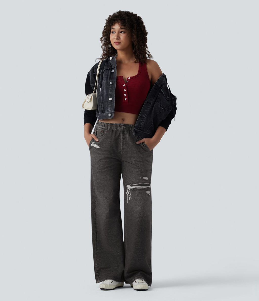Jogging jean décontracté en molleton French Terry imprimé denim taille mi-haute avec poches
