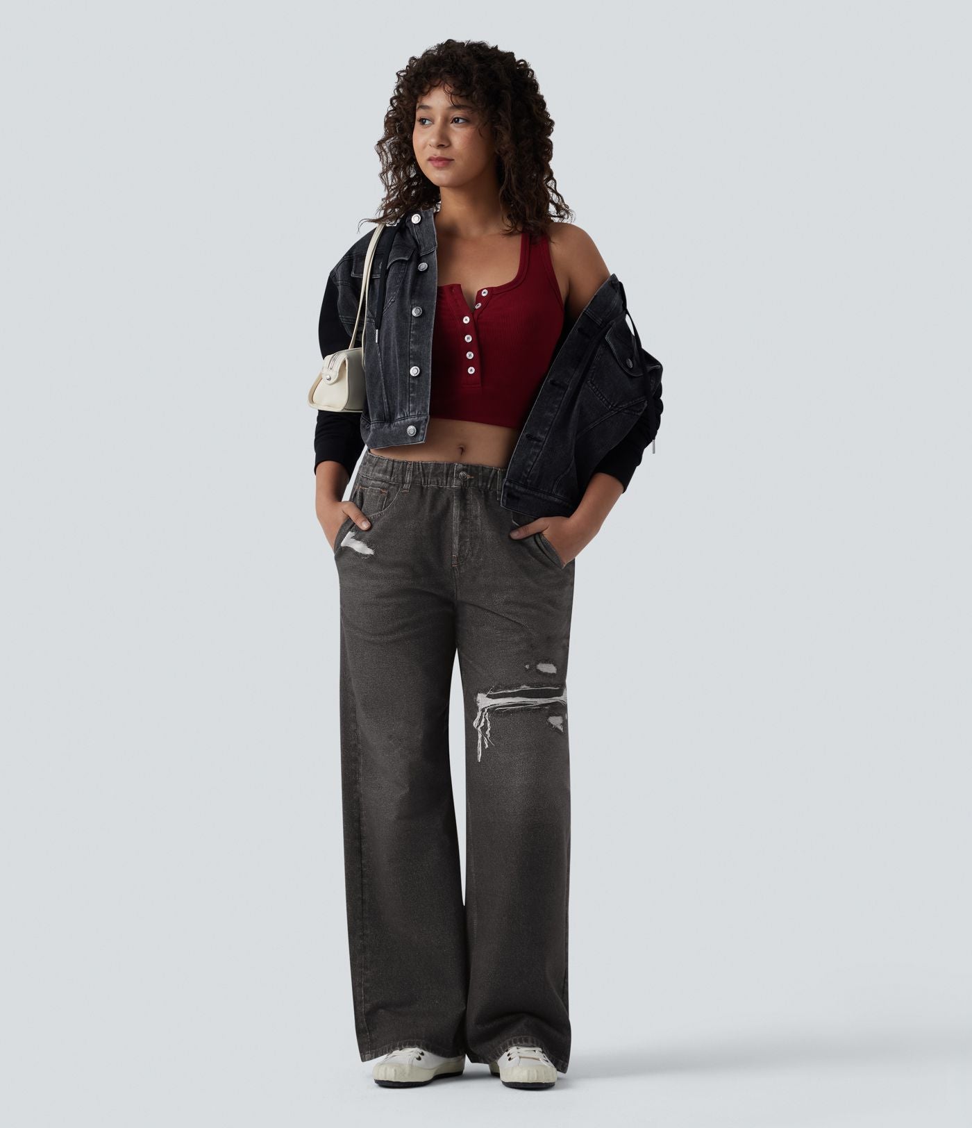 Jogging jean décontracté en molleton French Terry imprimé denim taille mi-haute avec poches