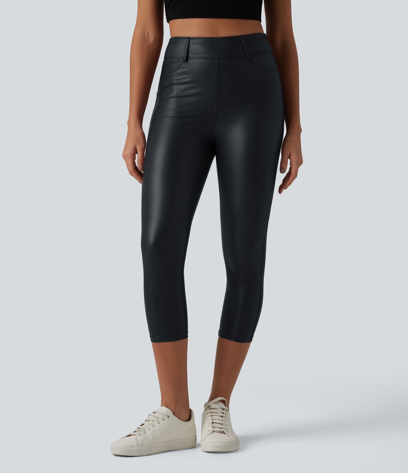 Legging corsaire casual taille haute extensible en simili cuir avec poches