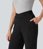 Pantalon décontracté évasé à rayures, taille haute, séchage rapide, ceinture en V, avec poches - Protection solaire UPF40+