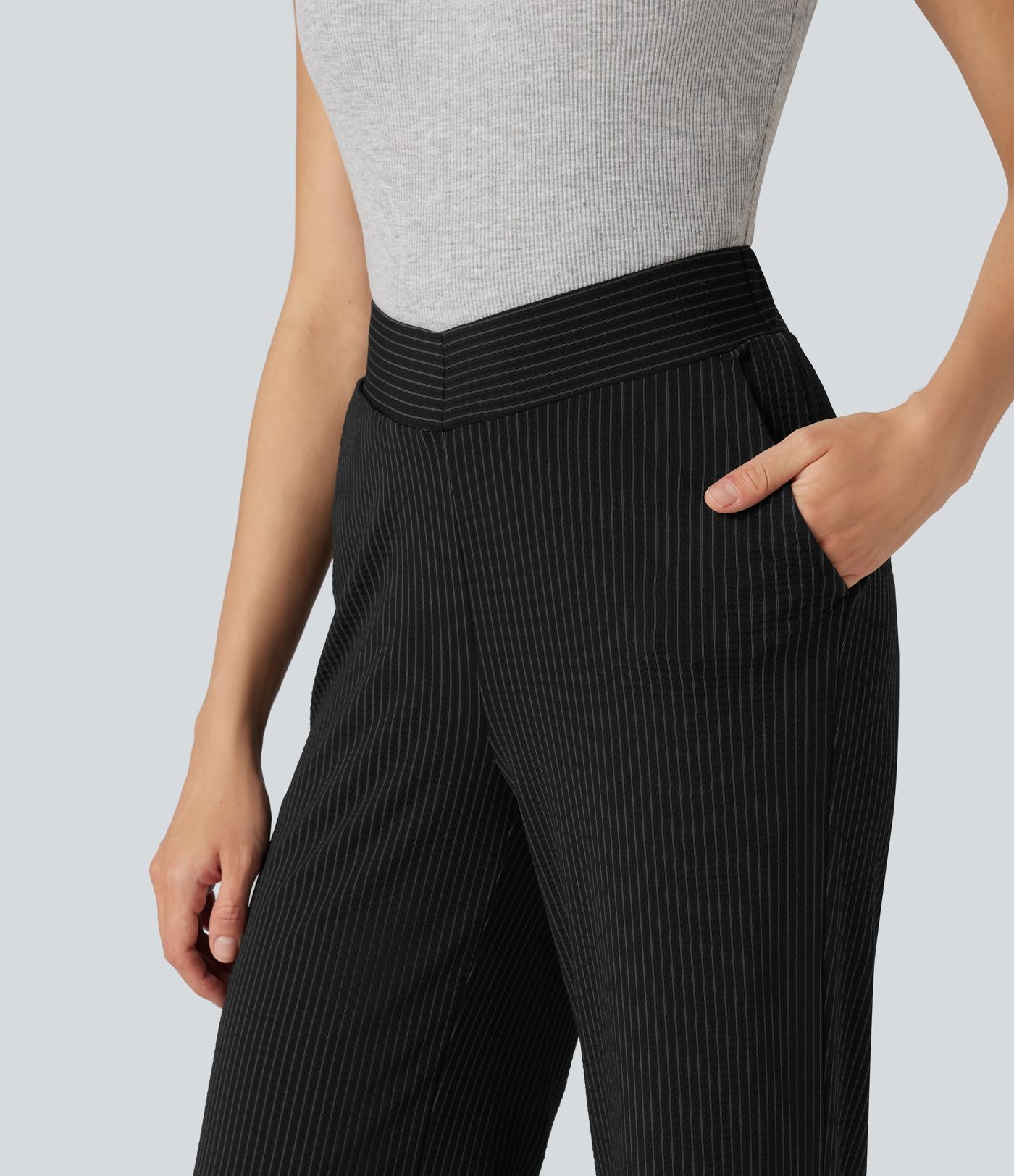 Pantalon décontracté évasé à rayures, taille haute, séchage rapide, ceinture en V, avec poches - Protection solaire UPF40+